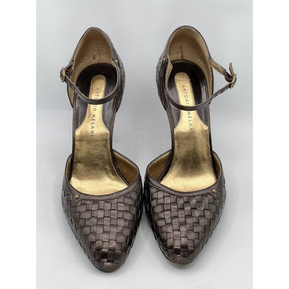 Antonio Melani Brown Leather Strappy Woven Pump Heels Size 8.5 M - Picture 6 of 11
